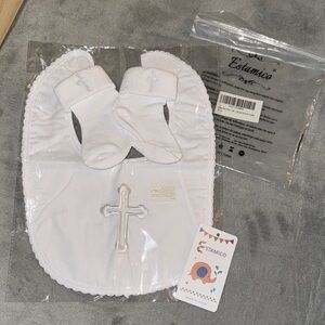 NWT Baptism White Baby Bib and Sock Set